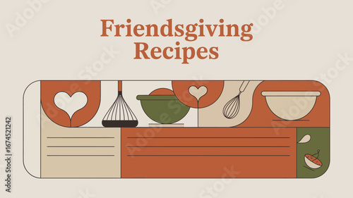 Friendsgiving recipes card with kitchen utensils and bowls in a decorative retro style design