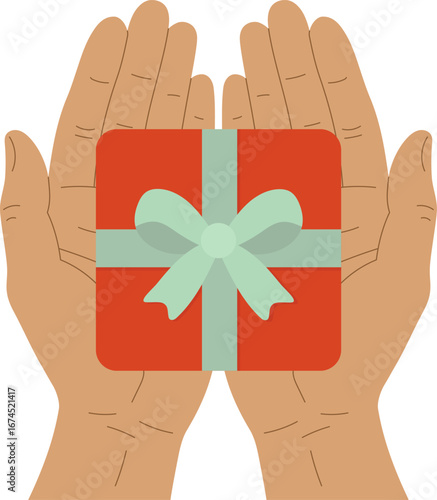 Hands holding a small red gift. Top view. Vector illustration.