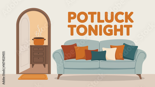 A cartoon illustration of a living room with a couch and a potluck tonight message in orange text