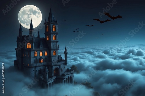 Gothic castle with glowing windows under full moon