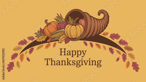 A thanksgiving illustration with a cornucopia filled with pumpkins and corn and autumn leaves design