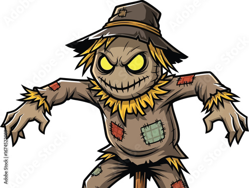 Cartoon illustration of a spooky scarecrow with a menacing grin for halloween art