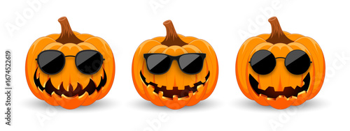 Set of carved pumpkins for Halloween in sunglasses. Pumpkins in fashionable dark glasses. The main symbol of the holiday Happy Halloween. Vector illustration.