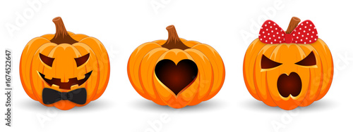 Halloween couple Pumpkins. Set of lovely couples pumpkins for Halloween. Love Pumpkins in fashionable isolated on white background. The main symbol of the holiday Happy Halloween. Vector illustration