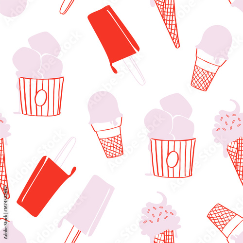 Ice cream seamless pattern. Vanilla cone, gelato, popsicle Italian Cold dessert background. Vector doodle sketch wallpaper clipart for cafe, restaurant, food truck