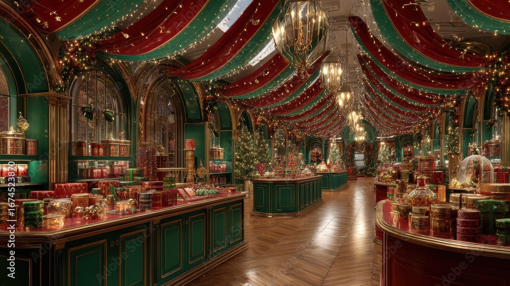 Obraz premium Christmas store interior with glowing garlands and holiday decorations