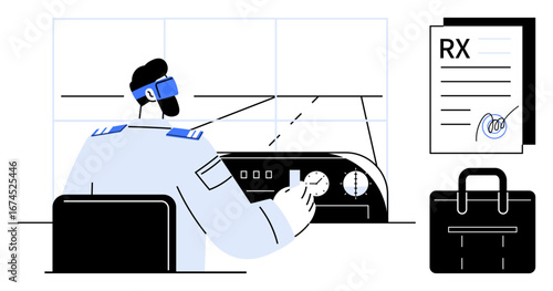 Pilot adjusting cockpit controls, flight plan papers with signature, and a briefcase. Ideal for aviation, navigation, professional training, airline industry, travel logistics, task planning career