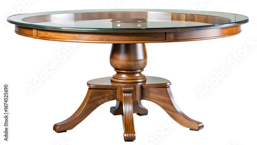 A classic wooden pedestal table with a round beveled glass top and ornate carved base showcasing elegant craftsmanship and timeless design isolated on transparent background