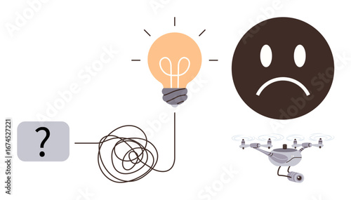 Tangled wire connected to bulb signifying idea, question mark for confusion, sad face for failure, and drone for technology. Ideal for innovation, creativity, problem solving, technology, challenges