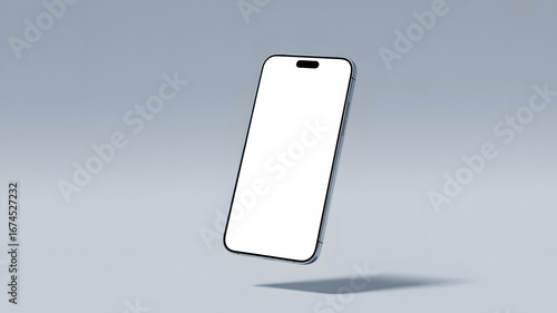 Floating smartphone with a blank white screen against a light gray gradient background in studio shot