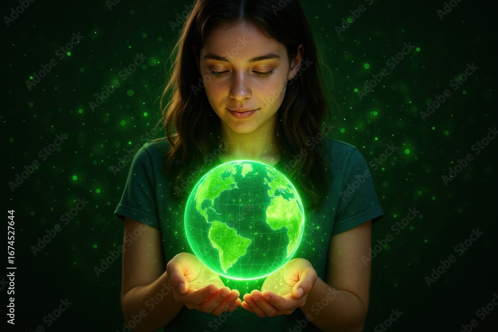 Naklejka premium Young Woman Holding Glowing Earth Hologram Environmental Protection Future Sustainability Vision