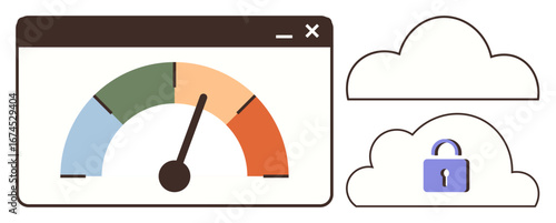 Speed meter inside a browser window with green to red gradient, two clouds, and a lock indicating security and performance concepts. Ideal for technology, cloud computing, cybersecurity, data