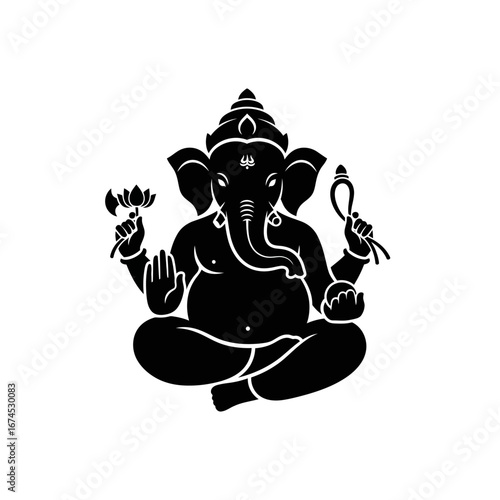 Seated Ganesha - Black Silhouette, Lotus Flower, and Symbolic Knots.