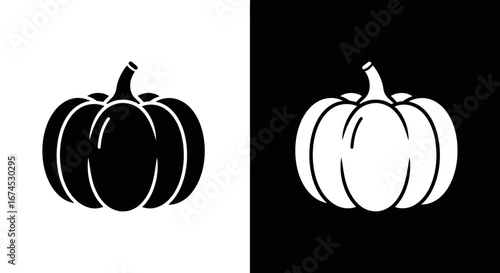 Simple Black and White Pumpkin Icon, Autumn Vegetable Illustration.