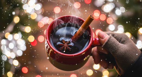 Hand Holding a Warm Mug of Mulled Wine with Snowflakes