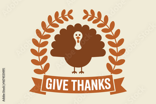A brown turkey with a white head and a brown tail surrounded by leaves and a banner that says give thanks