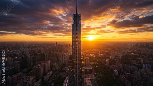 High-rise skyscraper dominates a sprawling city skyline at sunset.