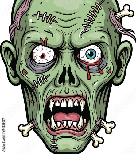 Cartoon zombie head with stitches bones and bloody eyes on a white background
