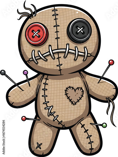 Cartoon voodoo doll with buttons and pins on a white background illustration