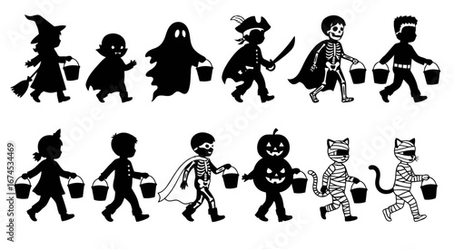 Halloween Icon Set of Kids in Costumes with Candy Buckets  