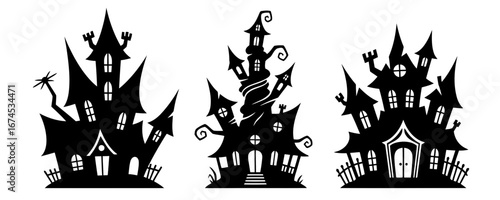Halloween icon set of spooky houses in black silhouette style  