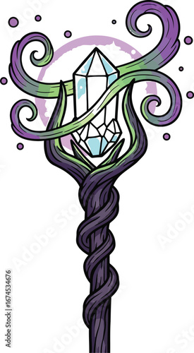 Magical crystal staff with swirling vines and mystical energy on a white background