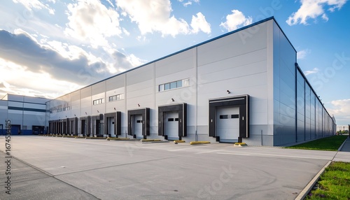 Modern warehouse complex under a partly cloudy sky
