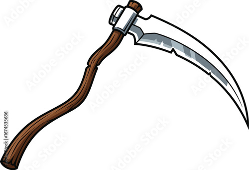 Cartoon scythe with a wooden handle and a sharp silver blade on white background