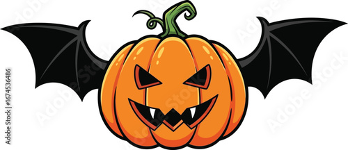 Spooky halloween pumpkin with bat wings for a scary and fun holiday design.