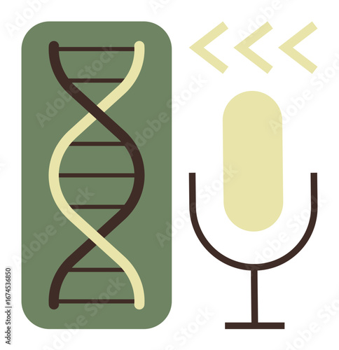 DNA helix with microphone and sound waves emphasizes sharing genetic research, science outreach, and innovations. Ideal for biology, podcasts, science, communication, learning, podcasts genetics