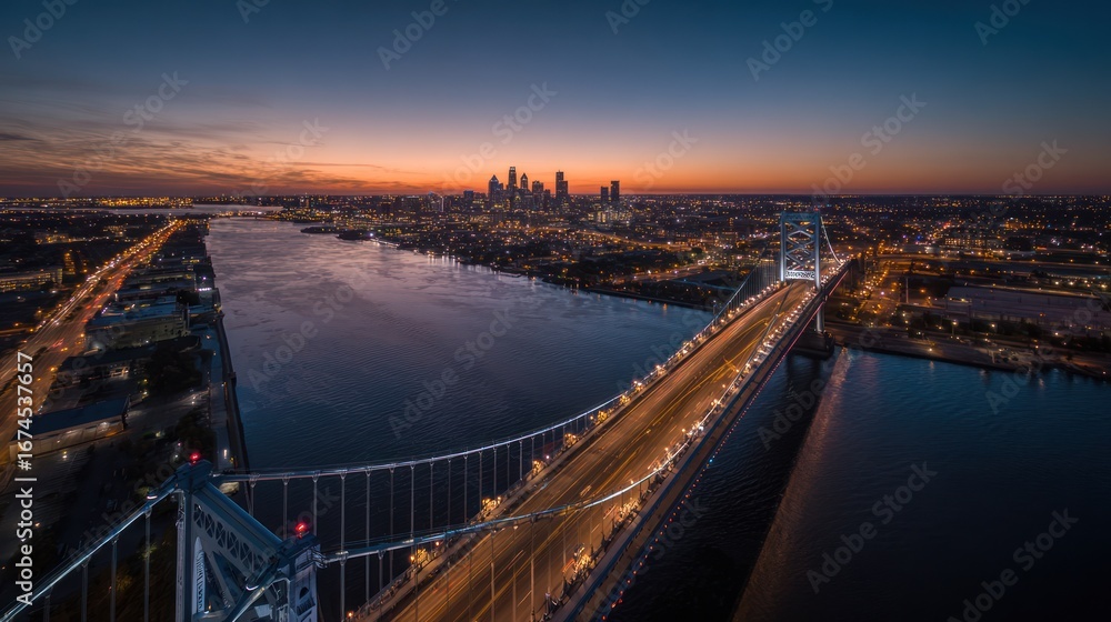 Obraz premium Cityscape skyline bridge sunset