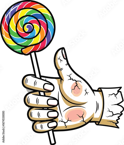 Cartoon hand holding a colorful lollipop with rainbow swirl on a white background