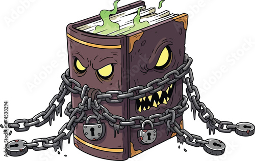Spooky spellbook with glowing eyes and chains perfect for halloween designs