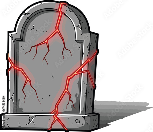 Cracked tombstone with glowing red cracks stands alone on a white background.