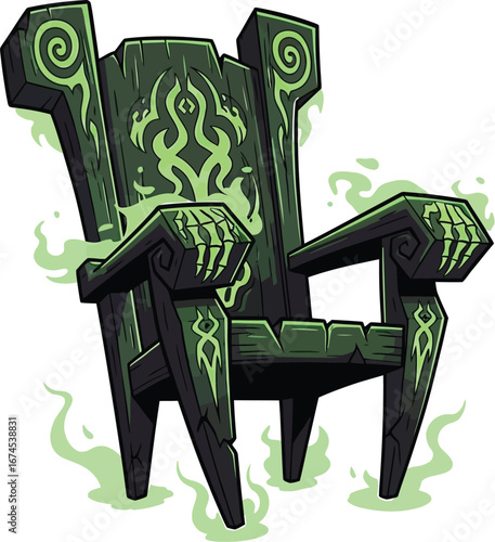 Ornate dark wooden throne with glowing green accents and mystical carvings sits alone