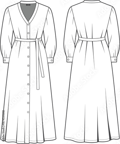 Long sleeve button front dress with belt, V-neck, cuffed sleeves, midi length, fashion CAD flat drawing, vector illustration