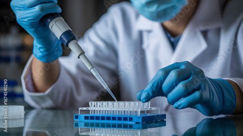 A scientist using a pipette to transfer liquid into a multi well plate in a laboratory setting