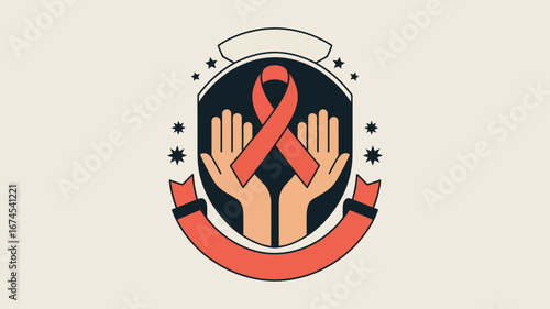 Illustration of red ribbon and hands inside a shield with stars and banner on a cream background