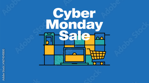 Cyber monday sale advertisement featuring a laptop shopping cart and phone on a blue checkered background
