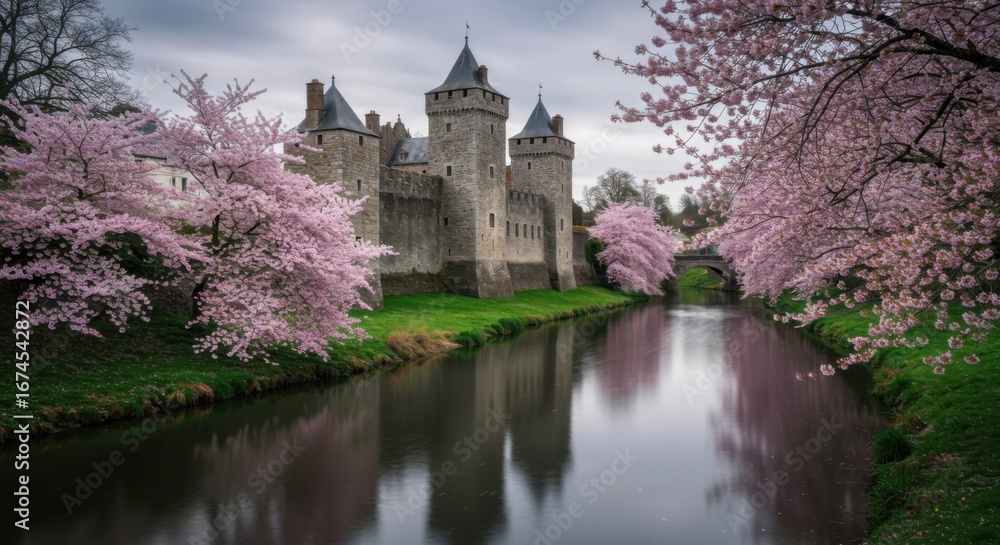 Naklejka premium Historic medieval castle beside river with pink cherry blossoms.