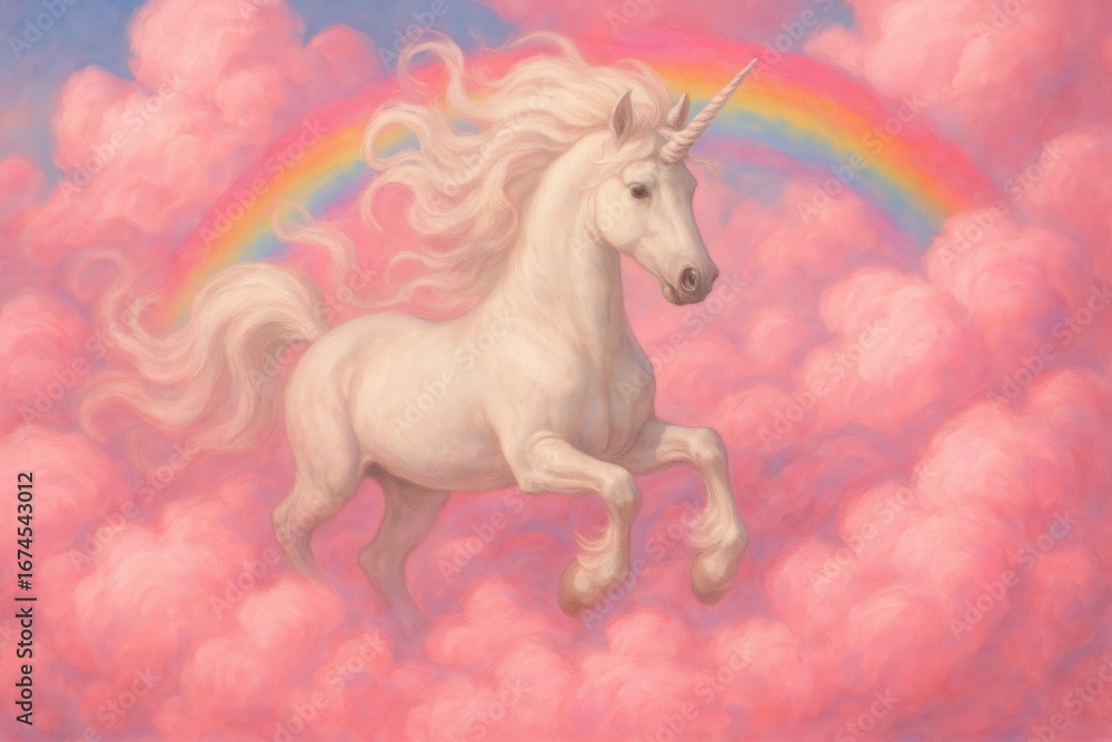 Fototapeta premium Magical unicorn soaring through rainbow cotton candy clouds in fantasy dreamscape