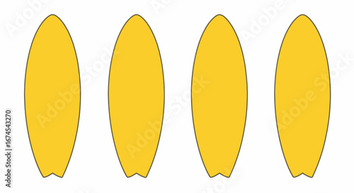 A stunning collection of four vibrant yellow surfboards showcasing their smooth contours and iconic shapes ready for ocean adventures and surfing waves