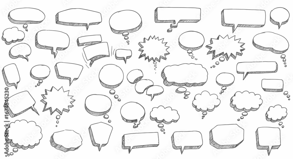 Fototapeta premium A Diverse Collection of Hand Drawn Speech Bubbles and Thought Clouds Offering Numerous Creative Communication and Dialogue Opportunities for Various Projects