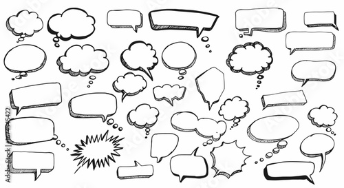 A Collection of Hand Drawn Speech Bubbles and Thought Clouds for Communication and Ideas in Different Shapes and Sizes for Design Projects