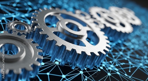 Interlocking Silver Gears on a Glowing Blue Digital Network Representing Technology and Teamwork