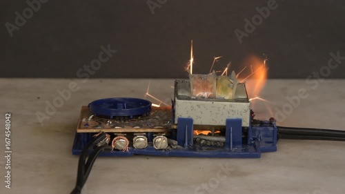 Sparks and flames during malfunction of electronic equipment.