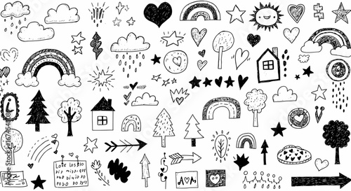 Whimsical Hand Drawn Doodle Elements for Kids Crafts and Artwork Including Rainbows Clouds Stars Hearts Houses and Trees