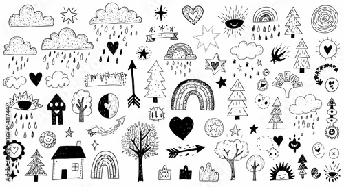 A Whimsical Collection of Hand Drawn Boho Style Elements Featuring Nature and Celestial Motifs with a Playful Aesthetic