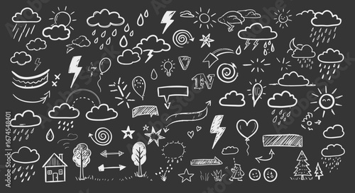 Collection of Weather Icons and Doodle Elements Drawn with Chalk on a Dark Textured Background for Creative Design Projects