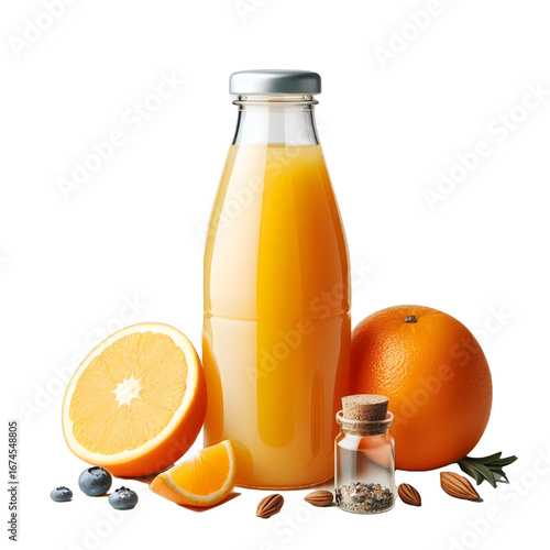 plastic bottle with orange juice isolated on white background	